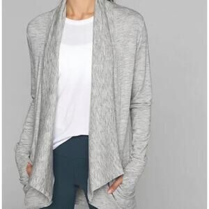Athleta Pranayama Wrap Cardigan Heather Gray SMALL Thumbholes Pockets Ribbed